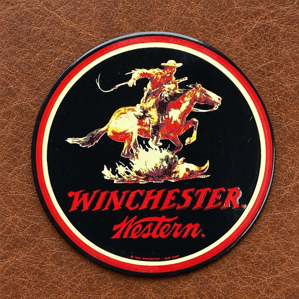 Vintage 70s 80s Winchester Western Cowboy Horse Metal Magnetic Clip Sign 2 5/8"